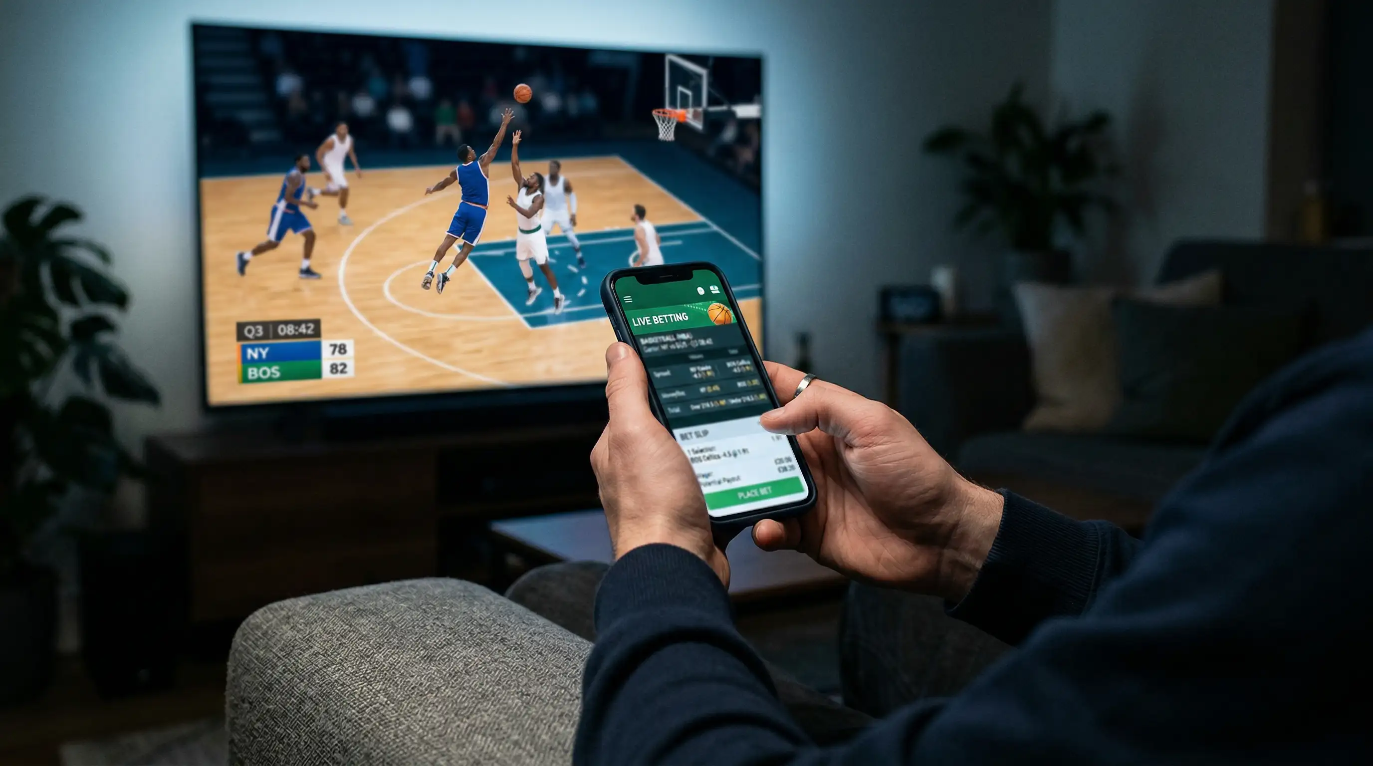 Basketball fan placing live NBA bets on a smartphone while watching a game on television