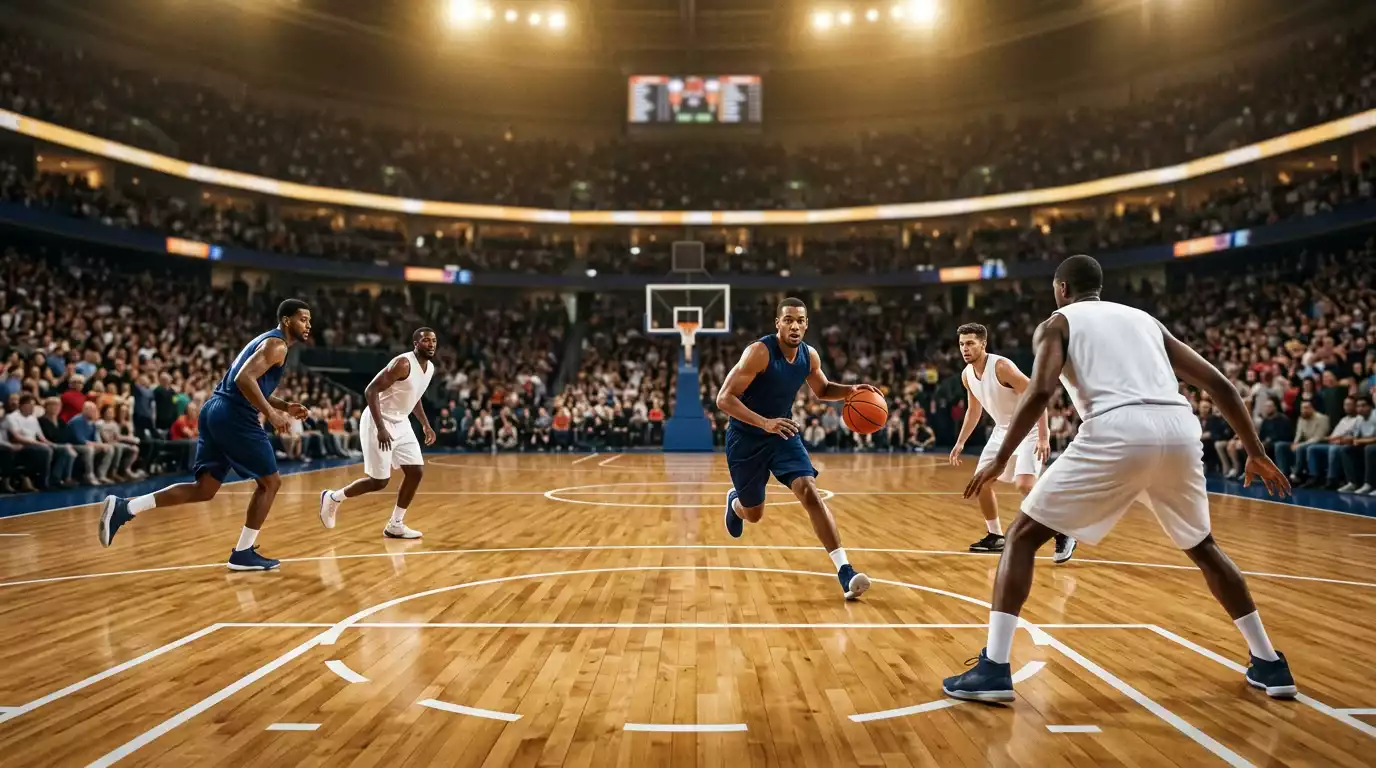 NBA basketball court under arena lights during a professional game